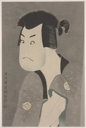 A színész Sakata Hangoro II Fujikawa Mizuemon szerepében a Hanaayama bunroku soga, Miyaki Theatre című darabban (színes lito reprodukció kartonon)