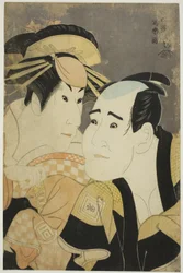 A színészek Ichikawa Tomiemon (R) mint Kanisaka Toma és Sanogawa Ichimatsu III (L) mint a Gion prostituált Onayo