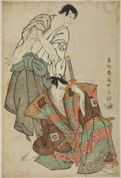 Csapat c és rs Ichikawa Yaozor (R) mint Fuwa Banzaemon Draft d Sakata Hangoro (L) mint szülő Kanonbo