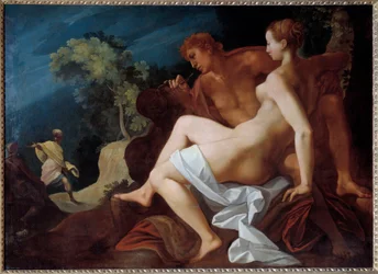 Angelique et Medor Illusztráció a „” Le Roland Furieux” (Orlando Furioso) számára, Ludovic Ariosto (Arioste) Medor (Medoro) képviselője Angelique (Angelica) nevével, akivel most csatlakozott, a sziklára - Az alján , Roland érkezik, co