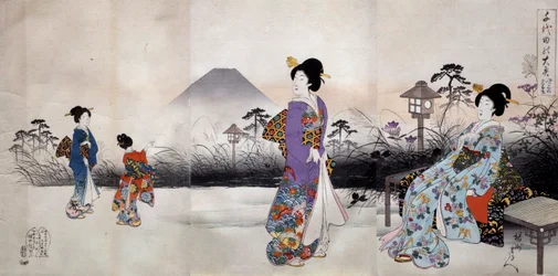 Japán nők sétálnak a Fuji-hegy előtt Toyohara Chikanobu (1838-1912) japán nyomatai 1896 Magángyűjtemény