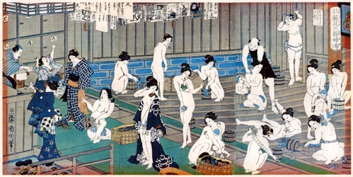 Fürdőházi jelenet, Toyohara Kunichika nyomata, 19. század