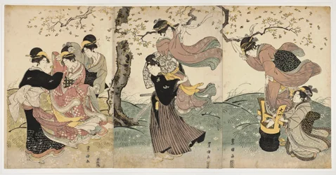 Japán művészet: Virágok a szélben (jelenet nőkkel és egy férfival, aki szalagokat akasztott egy fa ágaira) - Utagawa Toyokuni (1769-1825) linómetszet (37,8x75,9), 1797-1800 körül - Honolulu Művészeti Akadémia