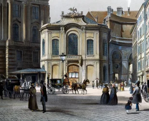 Burgtheater Bécsben Michaelerplatz Winterreitschule (téli lovasiskola) a jobb oldalon, Tranquillo Mollo (1767-1837), színes metszet, Ausztria