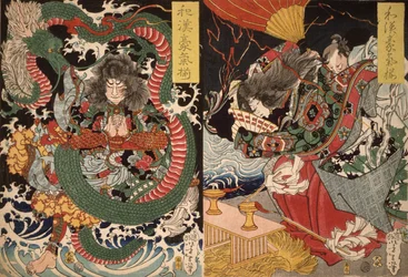 Tawaraya Tda and a Dragon és Ono no Komachi Praying for Rain a Valor sorozatból Kínában és Japánban, 1868 (színes fatömbnyomat)
