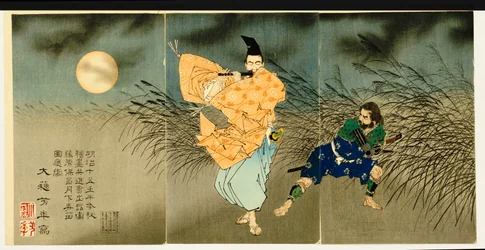 "Fujiwara No Yasumasa fuvolán játszik a holdfényben" triptichonja, 1883