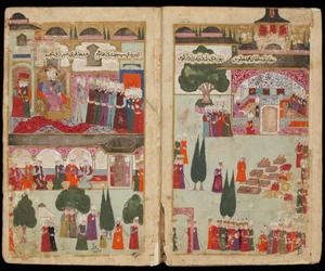 III. Mehmed oszmán szultán (1566-1603) megkoronázása a Topkapı palotában 1595-ben (a III. Mehmed magyarországi hadjárata című kéziratból) - 1600 körül