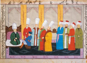 Oszmán miniatűr, amely egy európai nagykövetet ábrázol a Topkapi palota udvarában, kézirat, Törökország