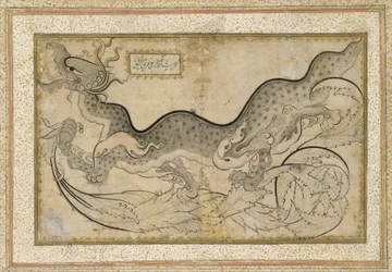 "Saz" stílusú rajz egy sárkányról lombok között, 1540-50 körül (tinta, átlátszatlan akvarell és arany papíron)