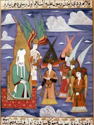 Mohamed próféta (Mohammed vagy Mohamed) (570-632) (arc takarva) 18. századi perzsa miniatűr éjszakai utazása során. Musee Topkapi Istanbul Törökország