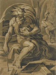 Diogenész, hordója előtt ülve, könyvből olvas, megkopasztott tyúk áll..., kb. 1527-30.