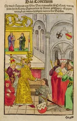Ulmi Henriket a császár lovagi címével tünteti ki a konstanzi zsinaton, a „Chronik des Konzils von Konstanz”-ból.