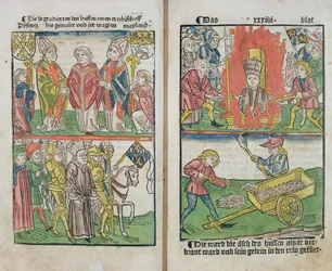 Jan Hust máglyán elégették a konstanzi zsinaton, a "Konstanzi zsinat története" című könyvéből, 1483-ban