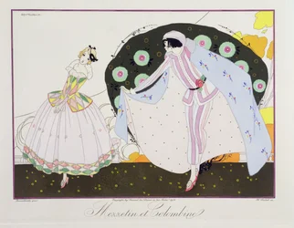 Mezzetin és Colombine, a Le Journal des Dames et des Modes "Maszkok és karakterek az olasz színház" kiadásából, metszett Henri Reidel (fl. 1914-20) 1914 (színes litó)