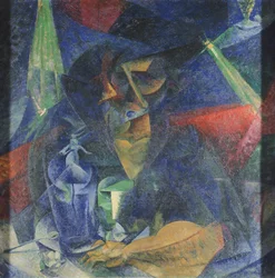 Umberto Boccioni (1882-1916) női alakja asztalnál, olaj, vászon, 86x86 cm, 1912 körül