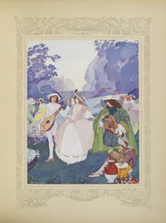 Voltak pásztorok és pásztorlányok, akik furulya és dudaszóra táncoltak, illusztrációk a „Contes du Temps Jadis” vagy „Múlt idők meséiből”, 74. o.