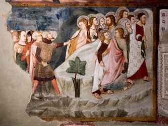 Menekülés az apostoloktól. Részlet. Az umbriai iskola freskója a 15. századból. Felsőbbrendű templom. Szent Benedetto kolostor (Sacro Speco), Subiaco (Róma), Olaszország