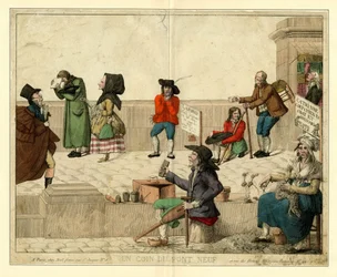 A párizsi Pont Neuf sarka, sánta koldusokkal és utcai árusokkal, 1813 körül.