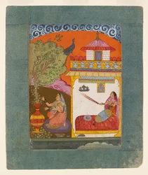 Egy levelet szedegető hölgy a zenei módot illusztrálva Gunakali Ragini, c1675