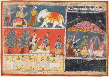 Egy oldal a Bhagavata Puránából: Indra esőzuhatagot küld, Krisna felemeli a Govardhana-hegyet, 1686.