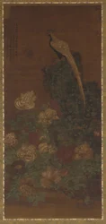 Fácán, szikla és pünkösdi rózsa, Ming vagy Qing dinasztia, 17. század.