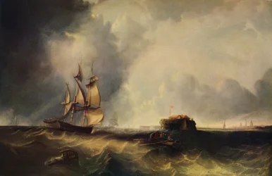 Egy hajó és férfiak egy evezős csónakban Calais mellett, 1830, 1938