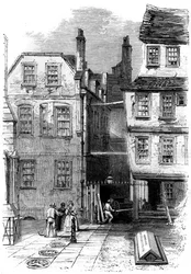 Ősi házak a templomban és Oliver Goldsmith sírja, London, 1860