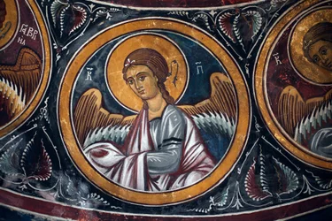 Angyalmedallion Krisztus és az utolsó ítélet körül Az Asinou-templom Narthex-boltozatának bizánci freskójának részlete Utolsó ítélet jelenete 14. század (1332) UNESCO, a kulturális világörökség része, Troodos régió, Ciprus