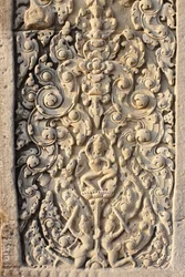 Angkor Wat, faragott részlet a falvirágokról, Siem Reap, Kambodzsa