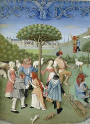 Angyali üdvözlet a pásztoroknak: country tánc. Heures de Charles dAngoulême c. 1480.