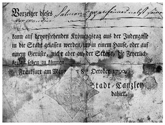 Antiszemitizmus: igazolvány, amelyet a zsidóknak adtak ki Frankfurtban, 1790, 1956