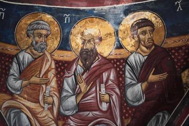 Apostolok ábrázolása Krisztus és az utolsó ítélet körül Az Asinou-templom Narthex-boltozatának bizánci freskójának részlete Utolsó ítélet jelenete 14. század (1332) UNESCO, a kulturális világörökség része, Troodos régió, Ciprus