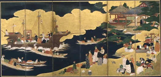Egy portugál hajó érkezése. Nanban képernyő, kb. 1600