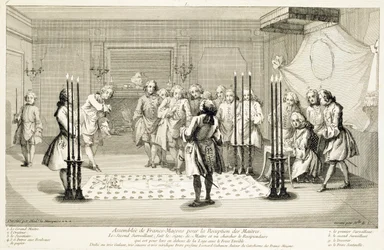 Szabadkőművesek gyűlése egy mester beavatása előtt, kb. 1733