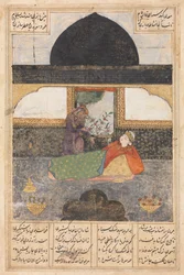 Bahram Gur meglátogatja India hercegnőjét a Fekete Pavilonban, előlap, kb. 1400-1410