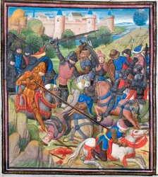 Csata a keresztes lovagok között II. Baldwin Jeruzsálem és a szaracénok között. Türoszi Vilmos miniatúrája a Historiából, 1460-as évek