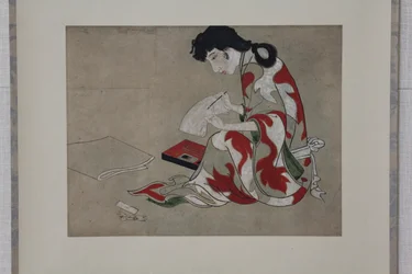 Beauty Writing a Letter másolata a Hikone képernyő egy részének, 17-18. század.