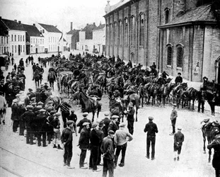 Krupp által gyártott belga fegyverek, harcra készülve Gent közelében, Belgiumban, Első világháború, 1914