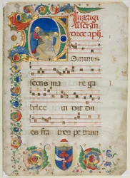 Egy antifóniából kivágott bifolium: Initial D[ominus Iesus], c. 1425-1450.