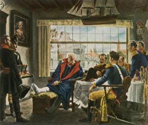 Blücher birtokba veszi a Napóleon-érmeket és a kalapot, miután...Waterloo, 1815. június 18., 1936.