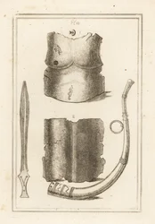 Mellpánt és hátrész ókori római cuirass 1,2, római lituus vagy katonai trombita 3 és ősi sárgaréz kard 4