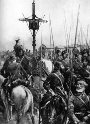 Brit csapatok egy galíciai falun áthaladva, Spanyolország, első világháború, 1914