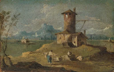 Capriccio szigettel, toronnyal és házakkal, 18. század.