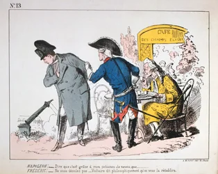 I. Napóleon karikatúrája a Colonne de Vendome bukását nézi, Párizs Kommün, 1871.