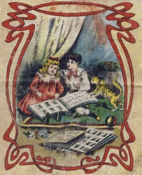 Gyermekek néznek egy képeskönyvet, hogy illusztrálják az ábécét. A drolatic album negyedik borítója. Albums-chromo, vászon 4. számú sorozata. Kromolitográfia a szöveteken. Képalkotás Marcel Vagne, Jarville-Nancy, 20. század eleje. Mérete: 25x17,5 cm