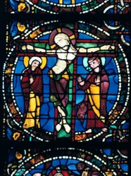 Krisztus a kereszten, ólomüveg, Chartres-i katedrális, Franciaország, 1194-1260.