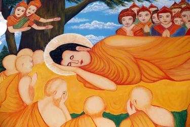 Chusto Tu Kkuang buddhista templom. Birkózó Buddha festmény. Több évnyi Dharma tanítás után a Buddha átment Parinirvánába. Unji Tau. Vietnam.