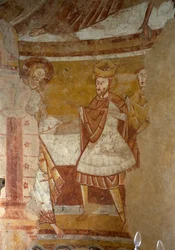 Templom (Église Saint-Martin). Belső. Az apszis. Falfestmények (freskó). Részlet. Jézus Heródes udvarában. 12. század.