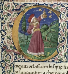 Claudius Ptolemaiosz. Részlet egy történeti kezdetű C Cosmographia, 15. század második fele.