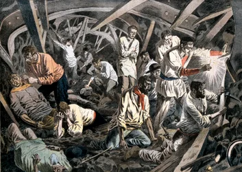 Szénbányászok rekedtek a föld alá egy tetőzuhanás miatt, Courrieres Mines, Pas-de-Calais, Franciaország, 1906